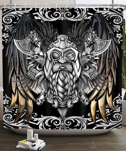 Viking Odin Nordic Theme Style Shower Curtain, Black and White Bathroom Shower Curtain, God Art Bathing Curtain