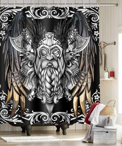 Viking Odin Nordic Theme Style Shower Curtain, Black and White Bathroom Shower Curtain, God Art Bathing Curtain