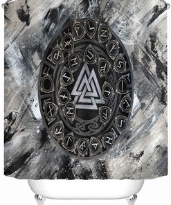 Viking Raven Odin Valknut Mystical Symbol Psychedelic Runes Nordic Art Printed Shower Curtain for Viking Bathroom Decor