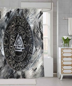 Viking Raven Odin Valknut Mystical Symbol Psychedelic Runes Nordic Art Printed Shower Curtain for Viking Bathroom Decor