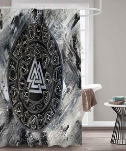 Viking Raven Odin Valknut Mystical Symbol Psychedelic Runes Nordic Art Printed Shower Curtain for Viking Bathroom Decor