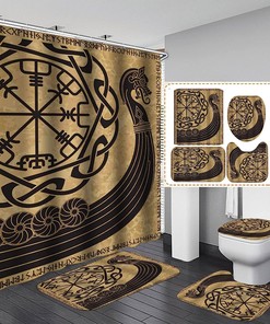 Viking Ship Dragon Head Shower Curtain, Nautical Black Pirate Boat Scandinavian Runes Compass Mythology Bathroom Décor