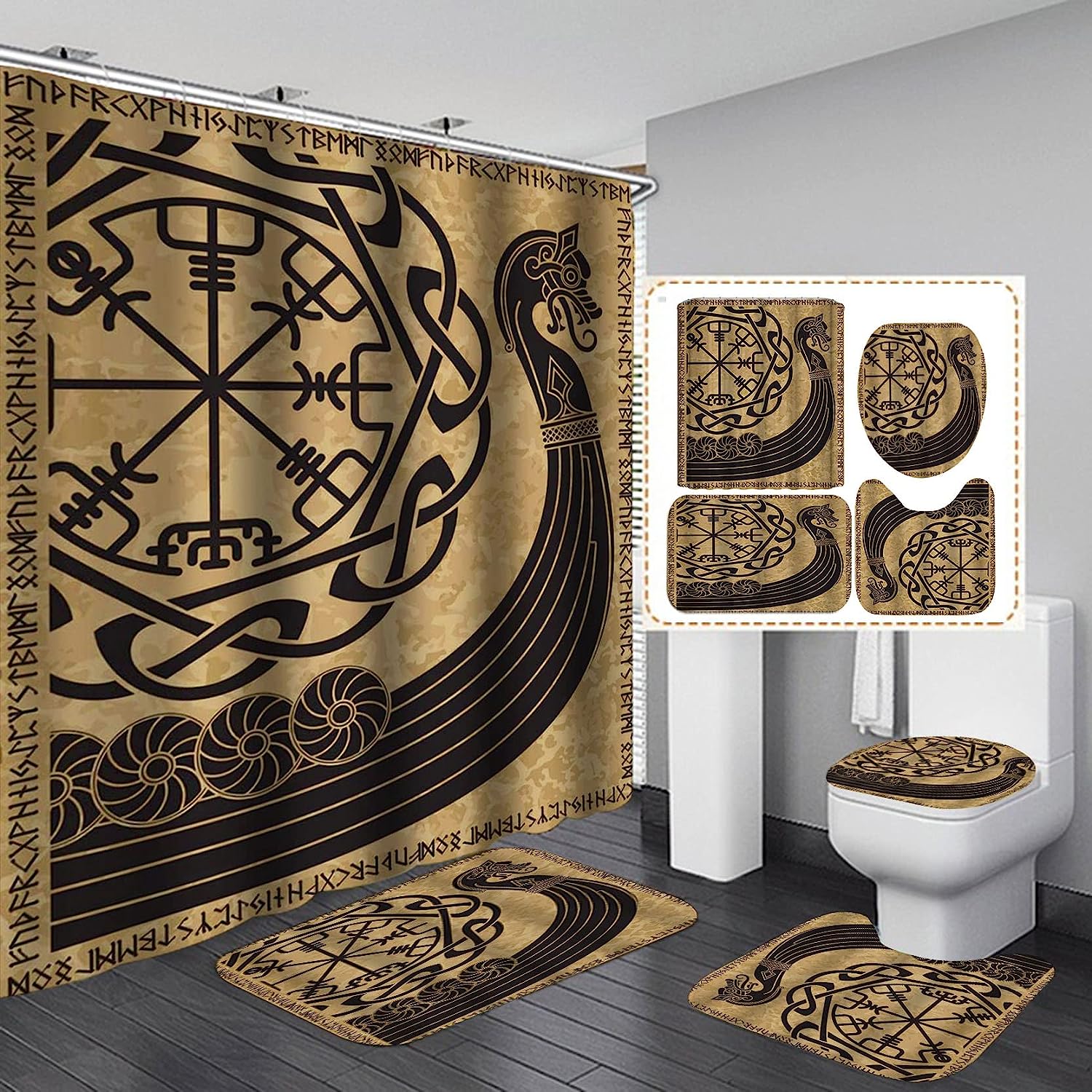 Viking Ship Dragon Head Shower Curtain, Nautical Black Pirate Boat Scandinavian Runes Compass Mythology Bathroom Décor