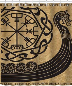 Viking Ship Dragon Head Shower Curtain, Nautical Black Pirate Boat Scandinavian Runes Compass Mythology Bathroom Décor