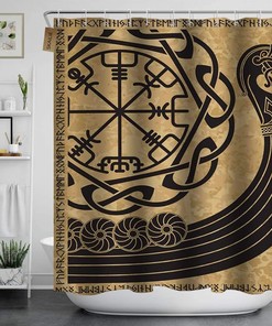 Viking Ship Dragon Head Shower Curtain, Nautical Black Pirate Boat Scandinavian Runes Compass Mythology Bathroom Décor