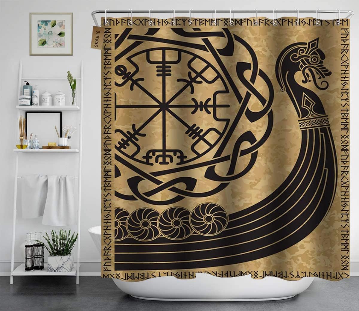 Viking Ship Dragon Head Shower Curtain, Nautical Black Pirate Boat Scandinavian Runes Compass Mythology Bathroom Décor