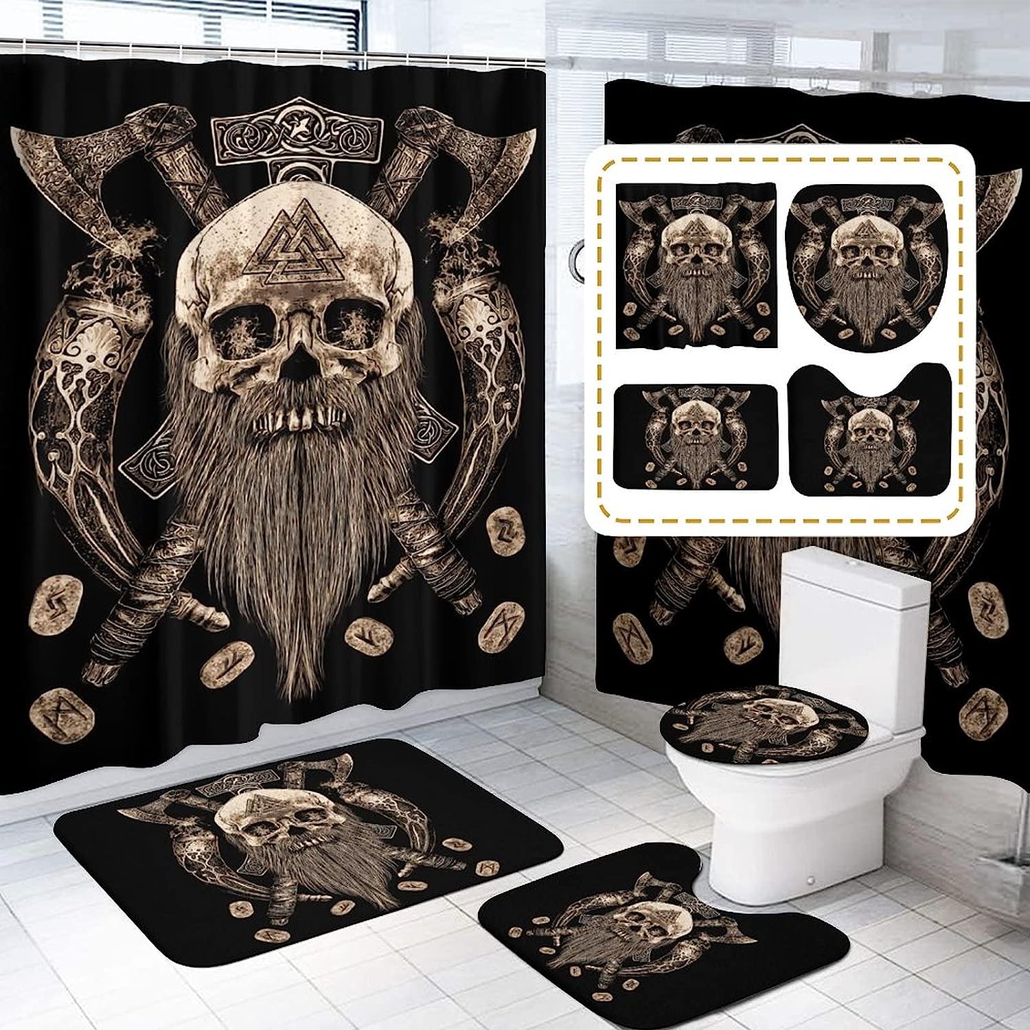 Viking Skull Shower Curtain, Unique Fabric Washable Bathrooms Clearance Decor