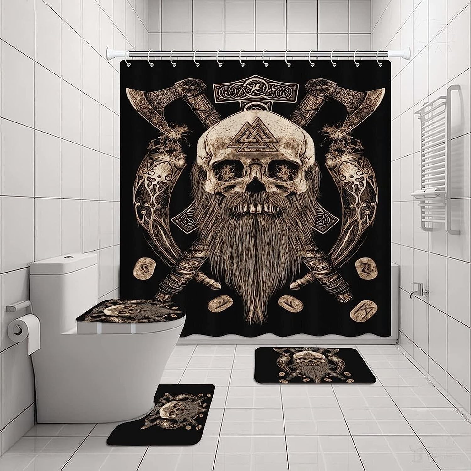 Viking Skull Shower Curtain, Unique Fabric Washable Bathrooms Clearance Decor - Image 2