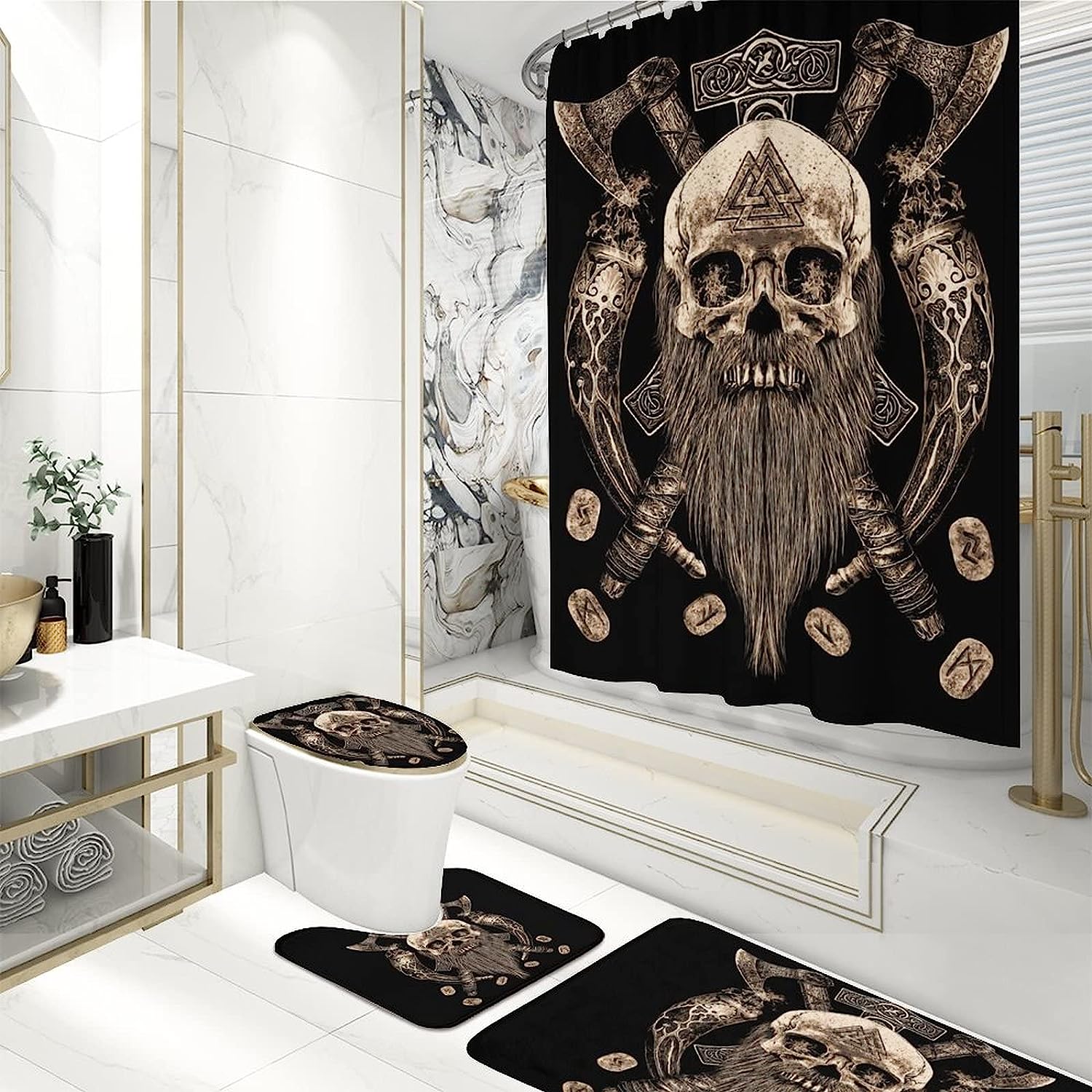 Viking Skull Shower Curtain, Unique Fabric Washable Bathrooms Clearance Decor - Image 3