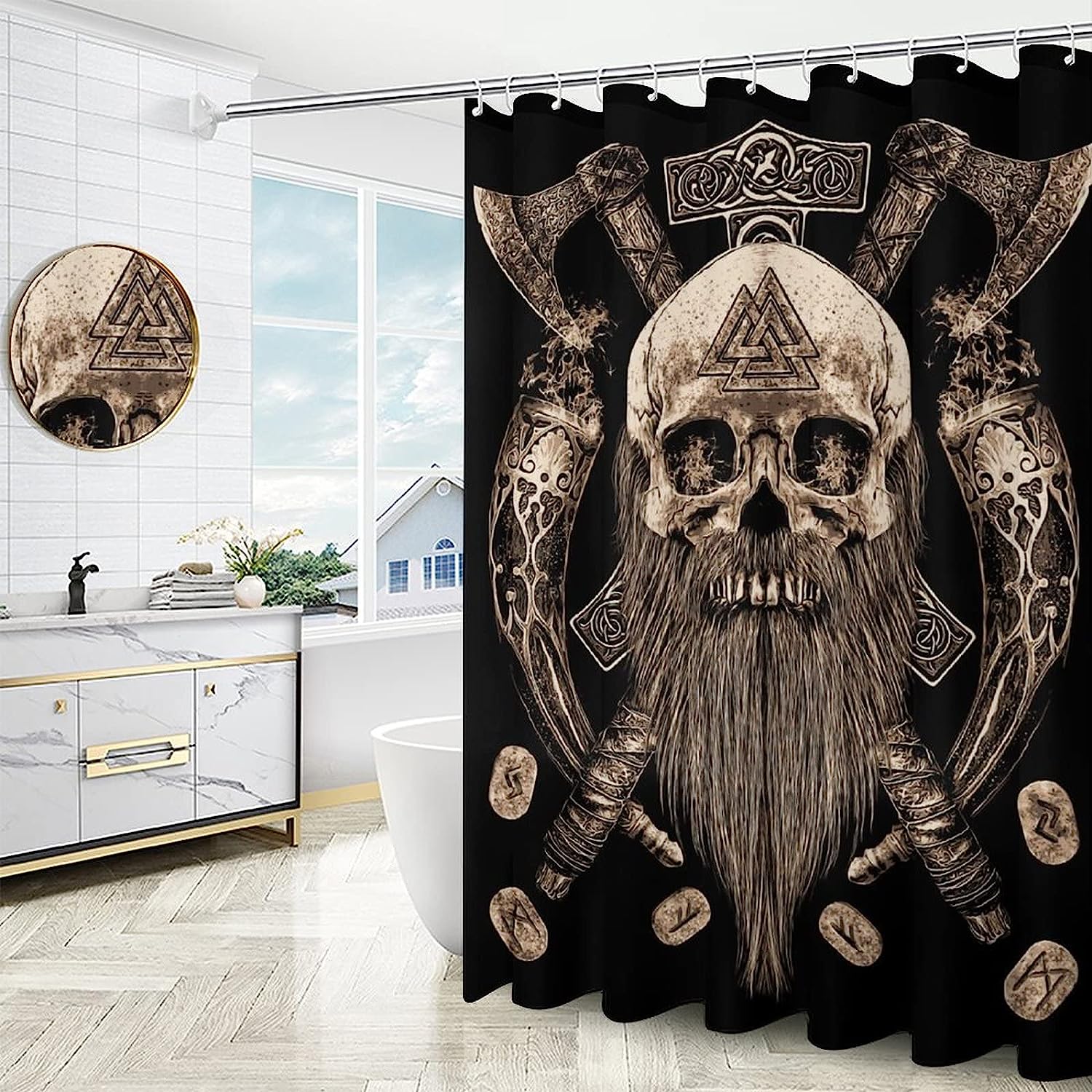 Viking Skull Shower Curtain, Unique Fabric Washable Bathrooms Clearance Decor - Image 4