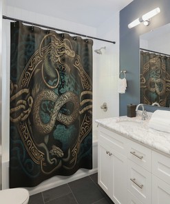 Viking Story Shower Curtain with Jormungandr the World Serpent and Knotwork for Housewarming Gift