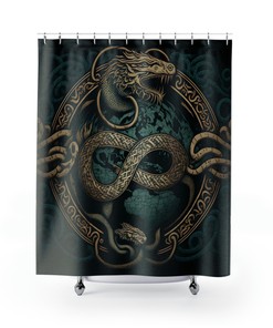 Viking Story Shower Curtain with Jormungandr the World Serpent and Knotwork for Housewarming Gift