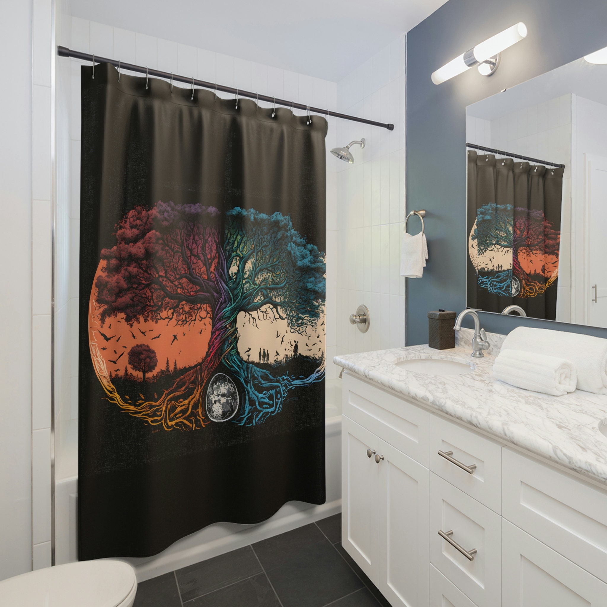 Viking Yggdrasil Knotwork Story Shower Curtain - Housewarming Gift