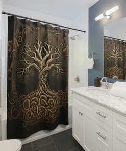 Viking-Themed Yggdrasil World Tree Shower Curtain for Artistic Bathroom Decor 