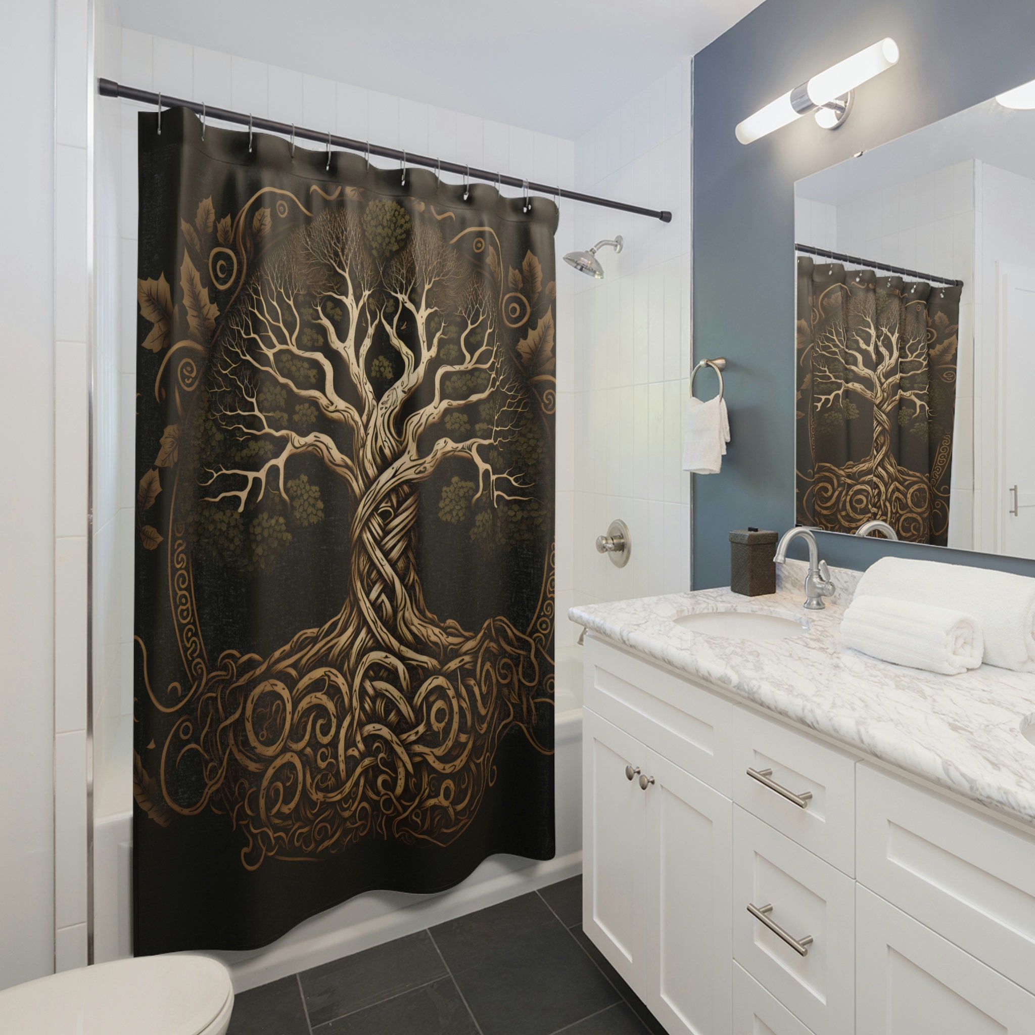 Viking-Themed Yggdrasil World Tree Shower Curtain for Artistic Bathroom Decor