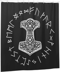 Vikings Mjolnir and Rune Wheel Norse Mythology Symbol Shower Curtain for Bathroom Decoration and Style
