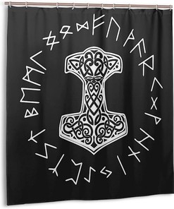 Vikings Mjolnir and Rune Wheel Norse Mythology Symbol Shower Curtain for Bathroom Decoration and Style