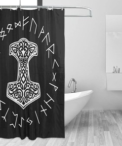 Vikings Mjolnir and Rune Wheel Norse Mythology Symbol Shower Curtain for Bathroom Decoration and Style