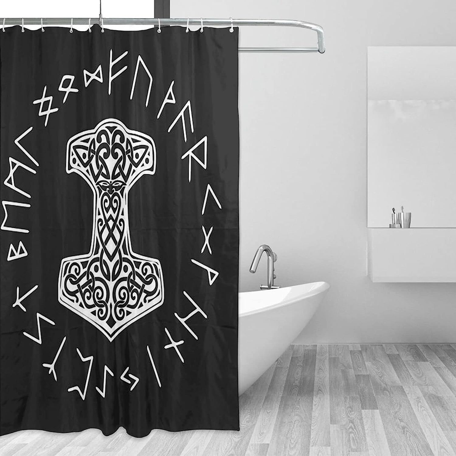 Vikings Mjolnir and Rune Wheel Norse Mythology Symbol Shower Curtain for Bathroom Decoration and Style