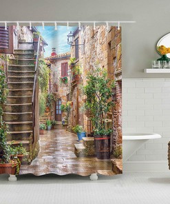 Village Home And Wooden Door Ancient Style Shower Curtain