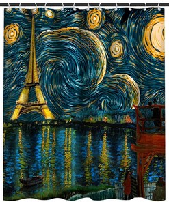 Vincent Van Gogh's Starry Night Pattern Eiffel Tower Shower Curtain for Romantic Bathroom Decor 