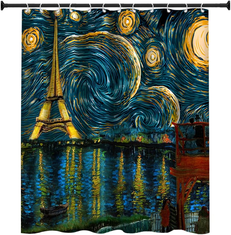 Vincent Van Gogh's Starry Night Pattern Eiffel Tower Shower Curtain for Romantic Bathroom Decor