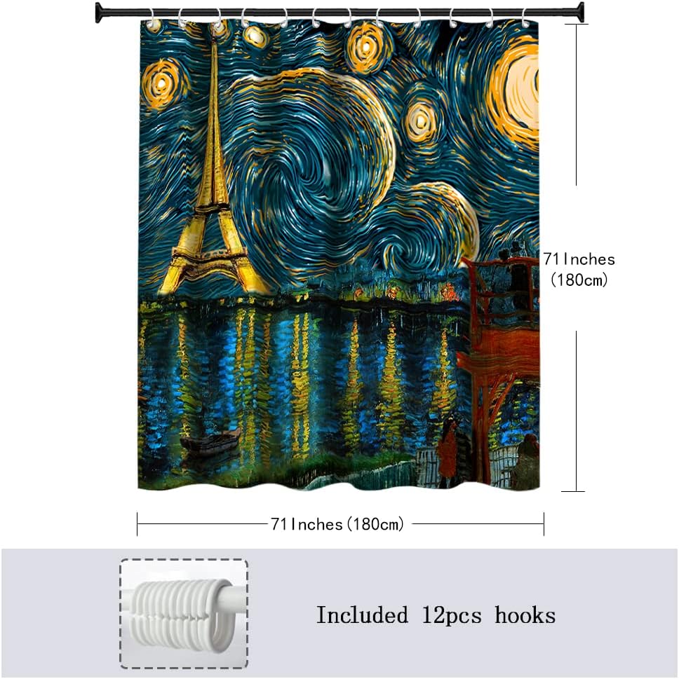 Vincent Van Gogh's Starry Night Pattern Eiffel Tower Shower Curtain for Romantic Bathroom Decor