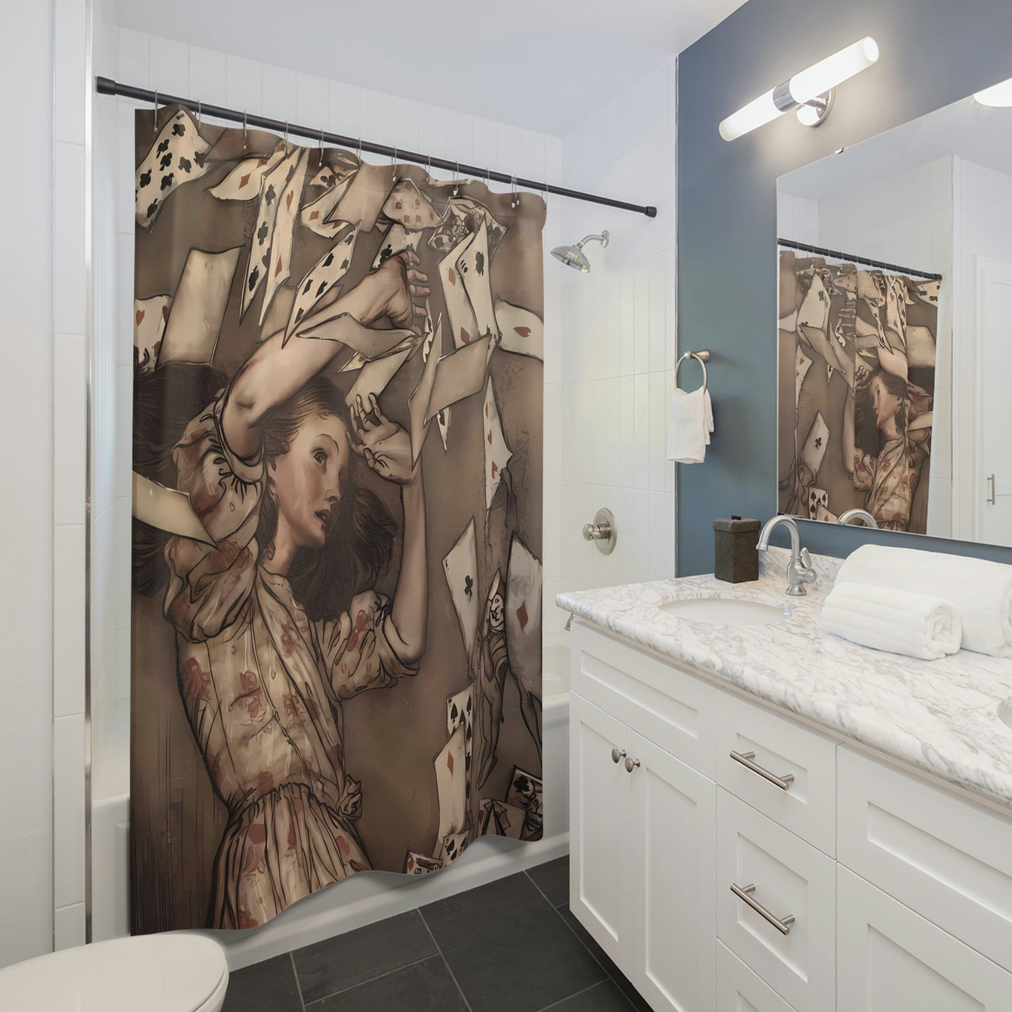 Vintage Alice In Wonderland Shower Curtain Featuring Arthur Rackham'S 1907 Illustration Of Alice Overwhelmed - Image 2