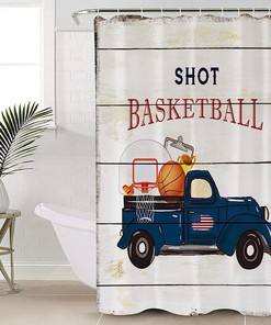Vintage American Blue Truck with Basketball Print Shower Curtain for Bathroom Decor