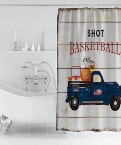 Vintage American Blue Truck with Basketball Print Shower Curtain for Bathroom Decor