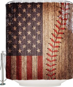 Vintage American Flag Baseball Theme Shower Curtain - Lightweight Machine Washable Waterproof Fabric Bathroom Decor