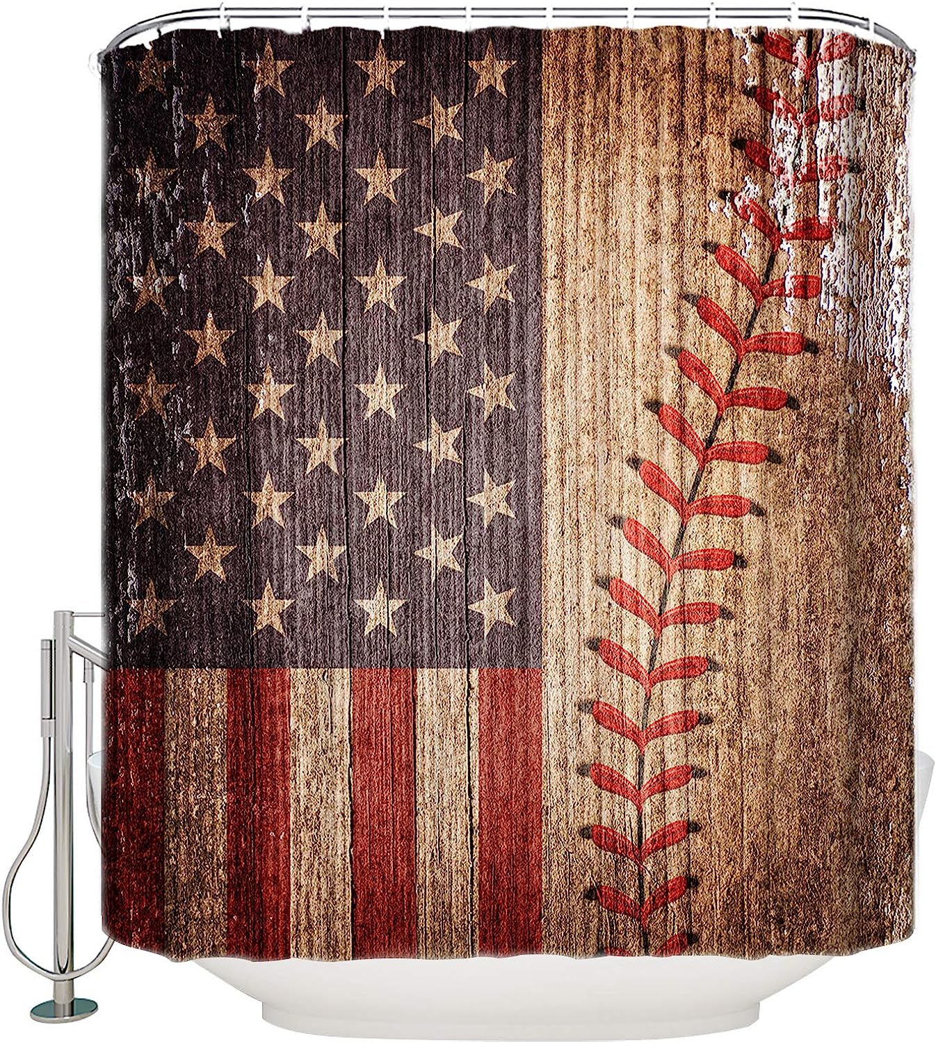 Vintage American Flag Baseball Theme Shower Curtain - Lightweight Machine Washable Waterproof Fabric Bathroom Decor