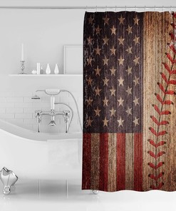 Vintage American Flag Baseball Theme Shower Curtain - Lightweight Machine Washable Waterproof Fabric Bathroom Decor