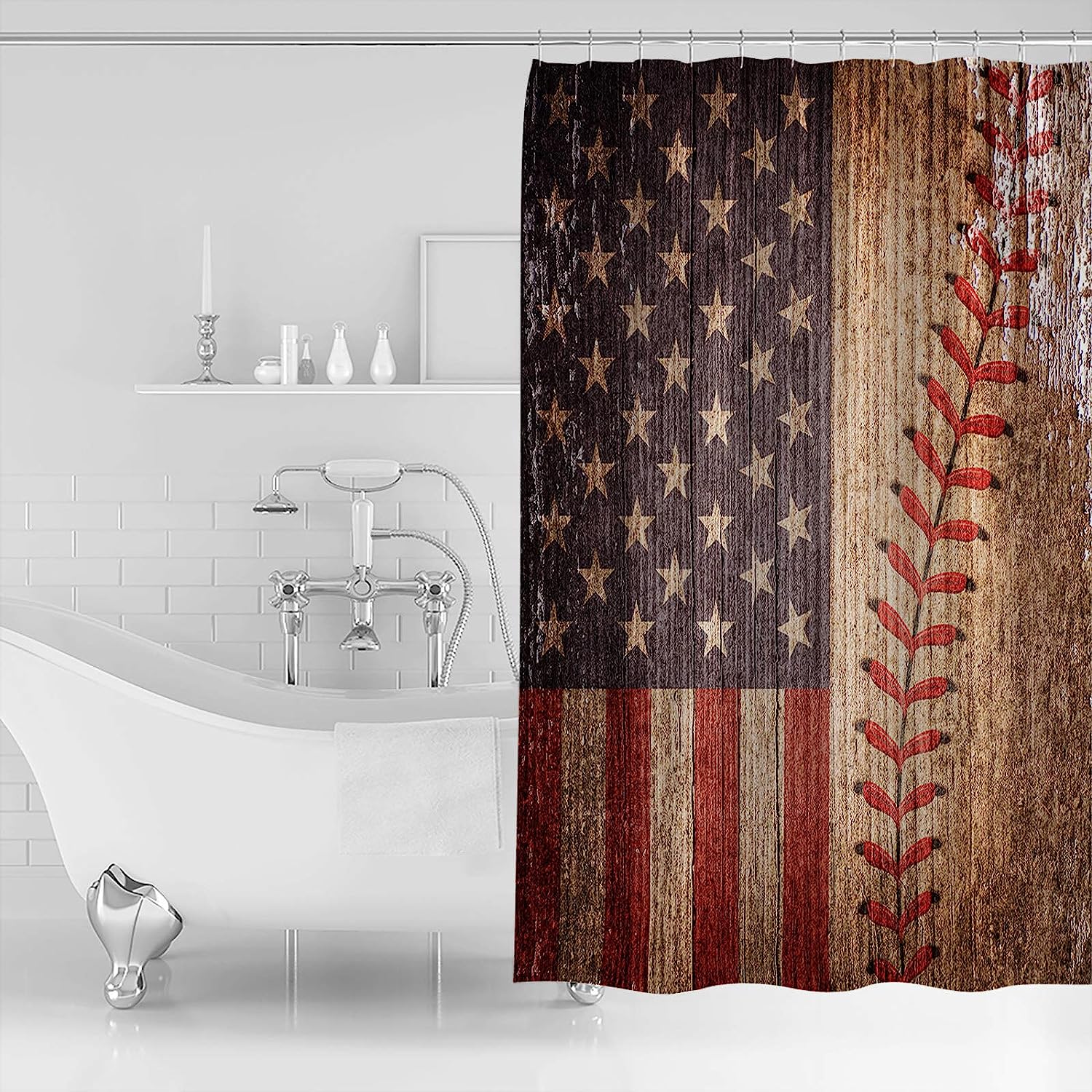 Vintage American Flag Baseball Theme Shower Curtain - Lightweight Machine Washable Waterproof Fabric Bathroom Decor