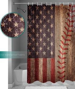Vintage American Flag Baseball Theme Shower Curtain - Lightweight Machine Washable Waterproof Fabric Bathroom Decor