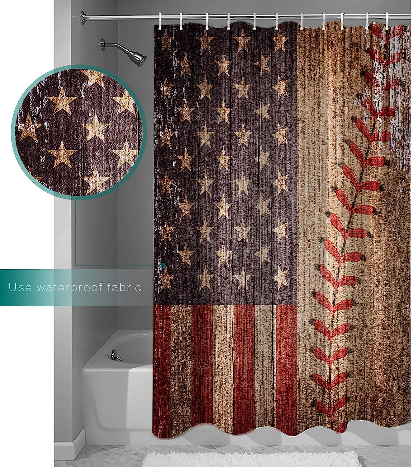 Vintage American Flag Baseball Theme Shower Curtain - Lightweight Machine Washable Waterproof Fabric Bathroom Decor