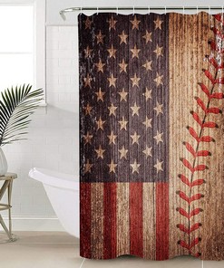 Vintage American Flag Baseball Theme Shower Curtain - Lightweight Machine Washable Waterproof Fabric Bathroom Decor