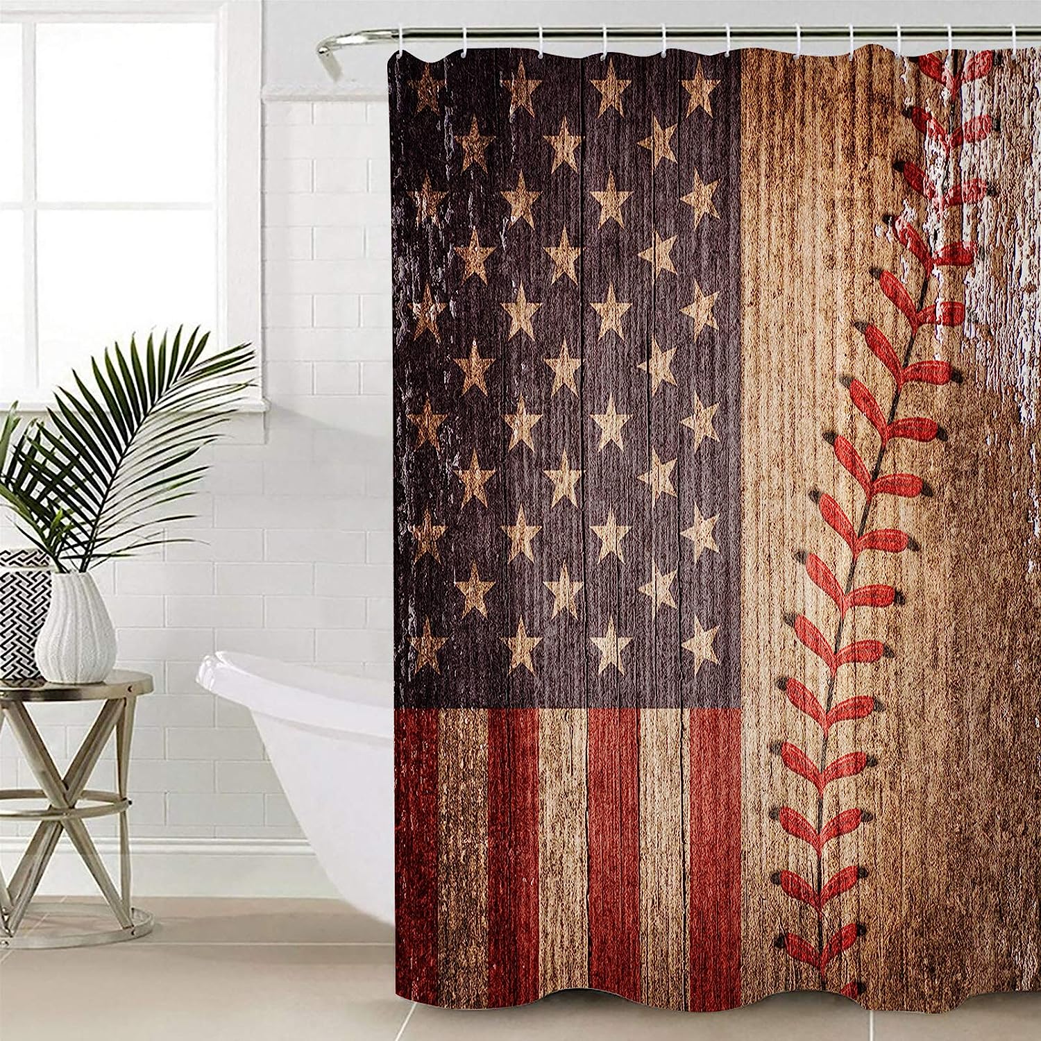 Vintage American Flag Baseball Theme Shower Curtain - Lightweight Machine Washable Waterproof Fabric Bathroom Decor