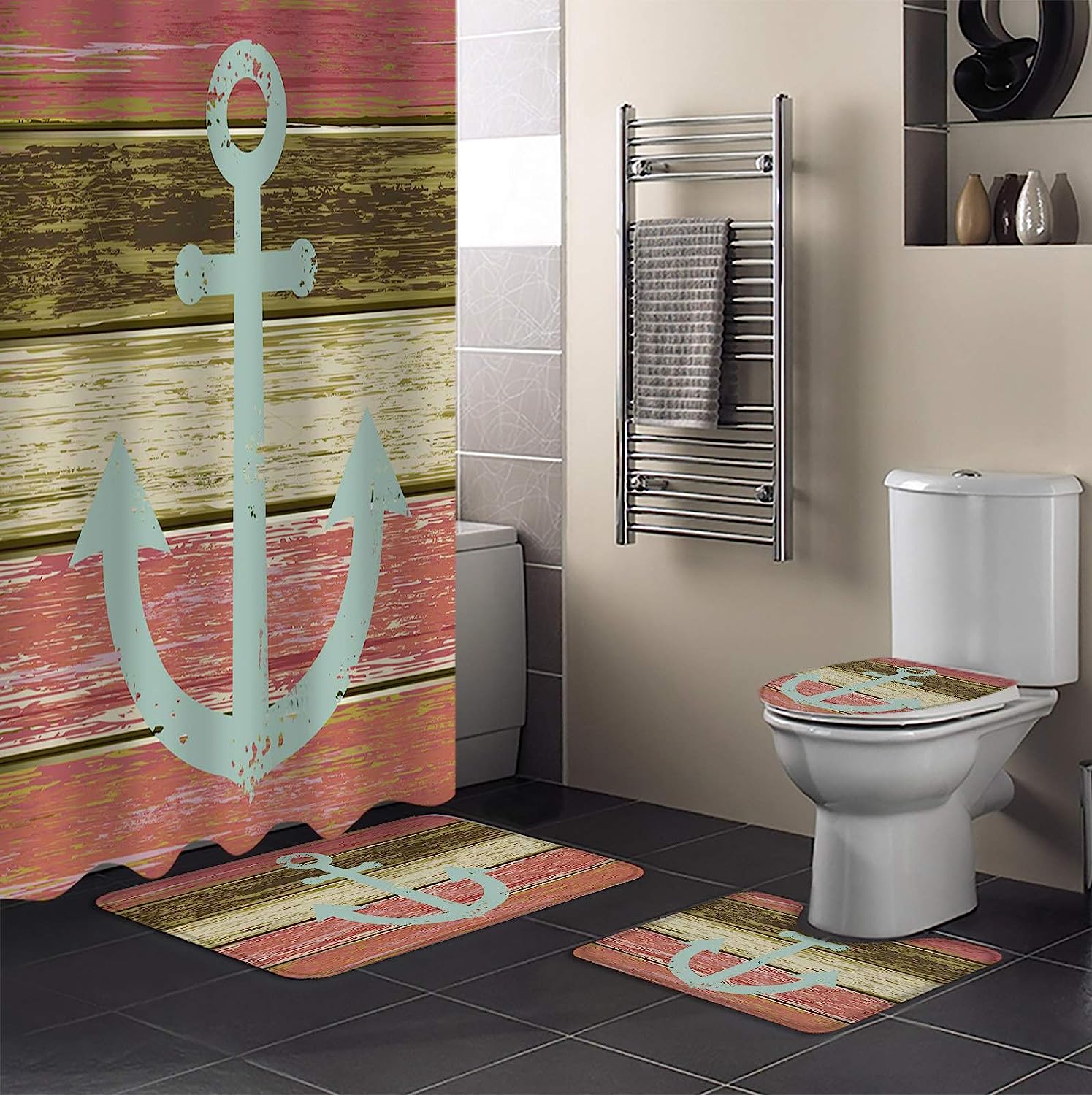 Vintage Anchor Pink Wood Grain Bathroom Print Shower Curtain