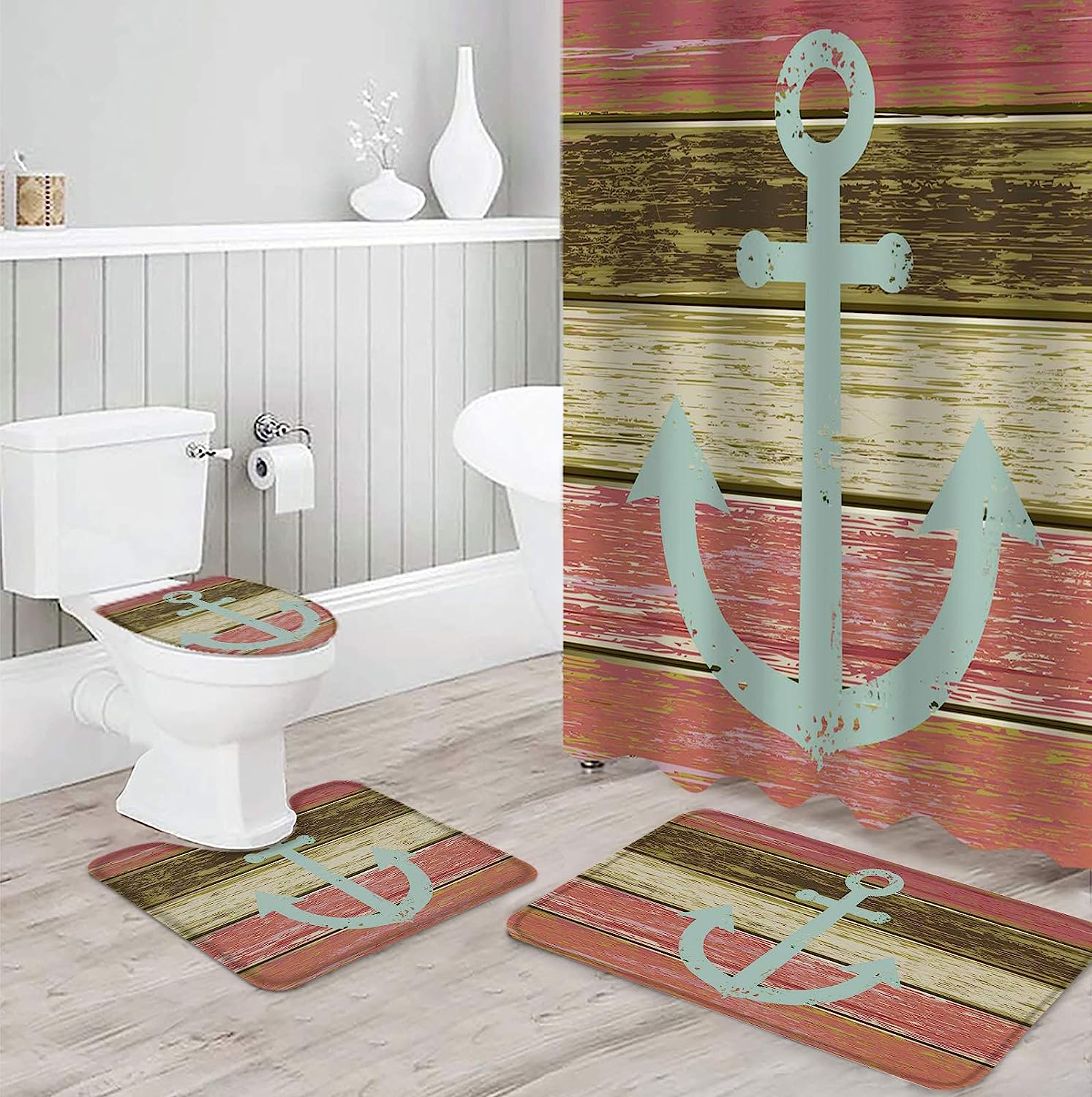 Vintage Anchor Pink Wood Grain Bathroom Print Shower Curtain