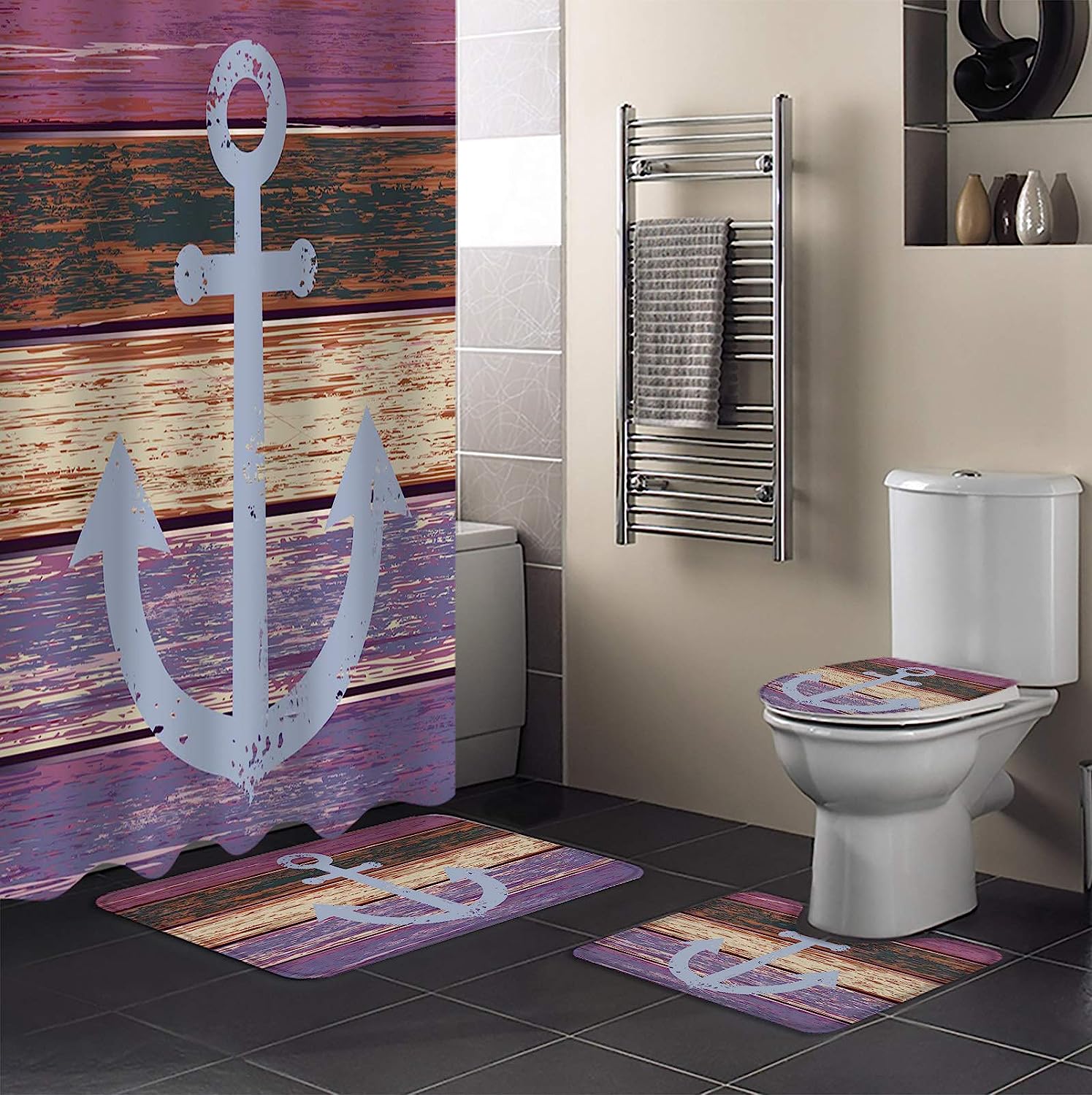 Vintage Anchor Purple Wood Grain Bathroom Print Shower Curtain