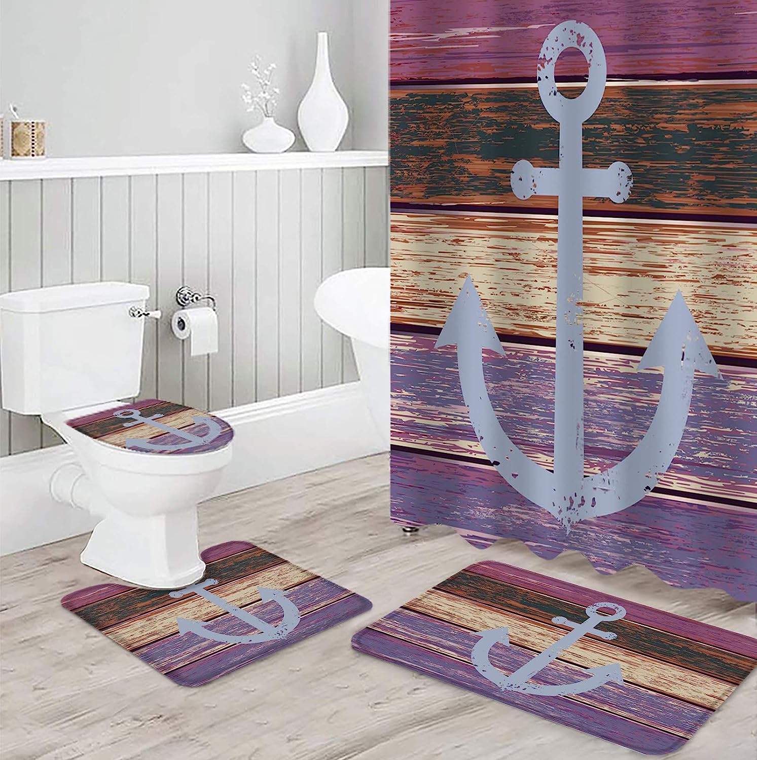 Vintage Anchor Purple Wood Grain Bathroom Print Shower Curtain