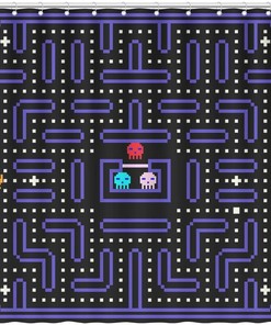 Vintage Arcade Game Shower Curtain, Retro Black Fabric With Pixel Monsters And Robots