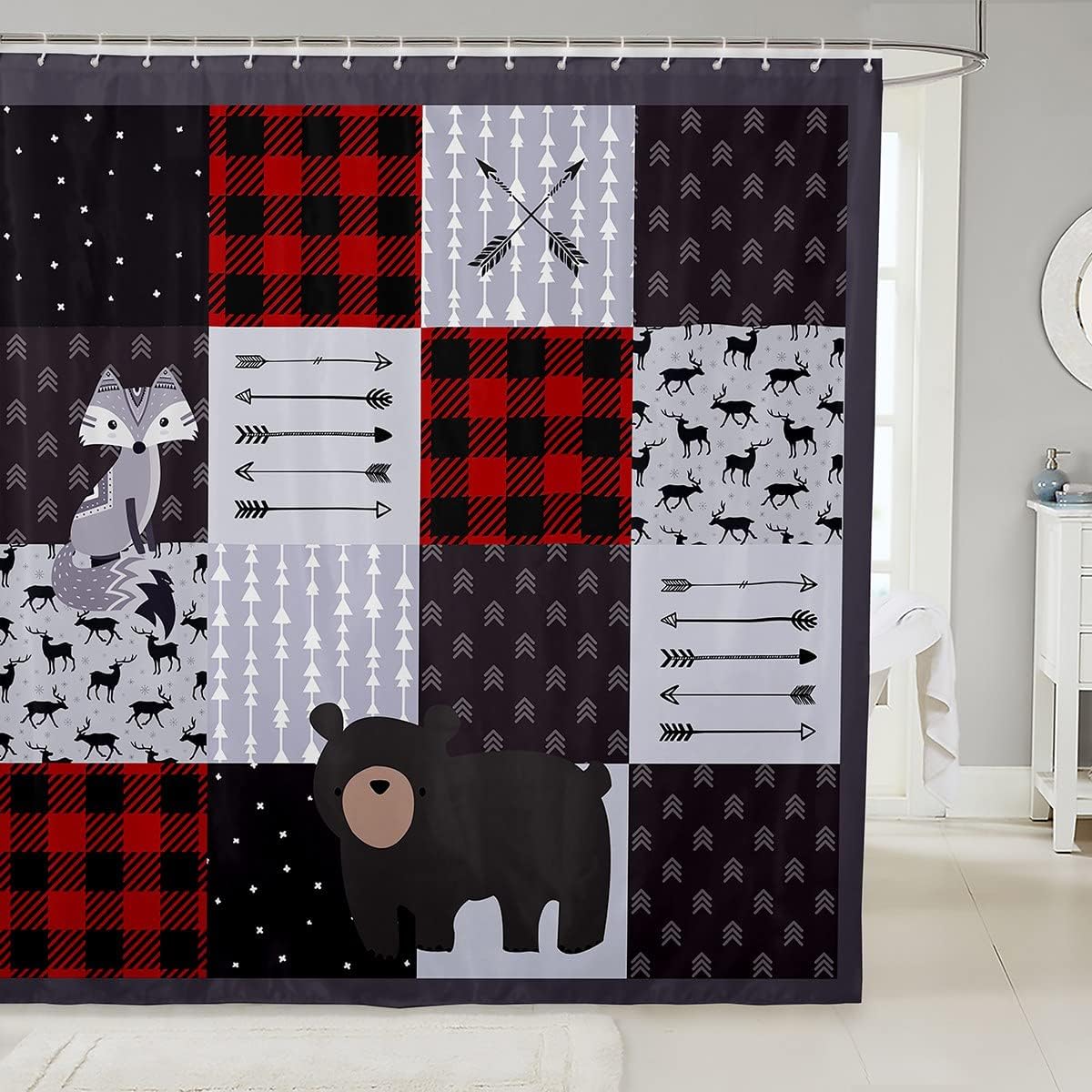 Vintage Arrow Waterproof Shower Curtain With Bear And Fox Print, Rustic Design For Home Or Hotel Bathrooms