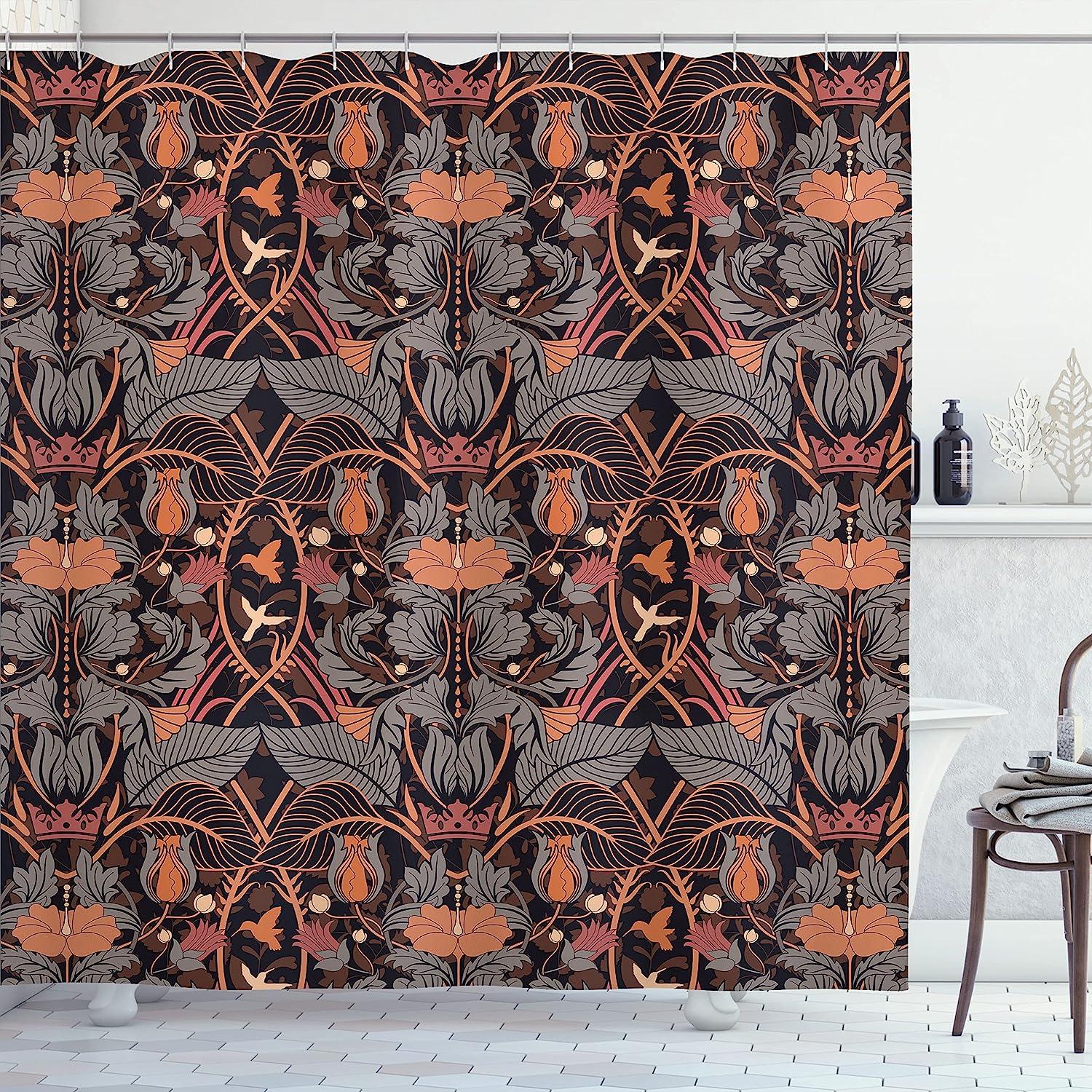 Vintage Art Nouveau Shower Curtain with Detailed Damask Flower Leaf Motifs - Vintage Bathroom Shower Curtains