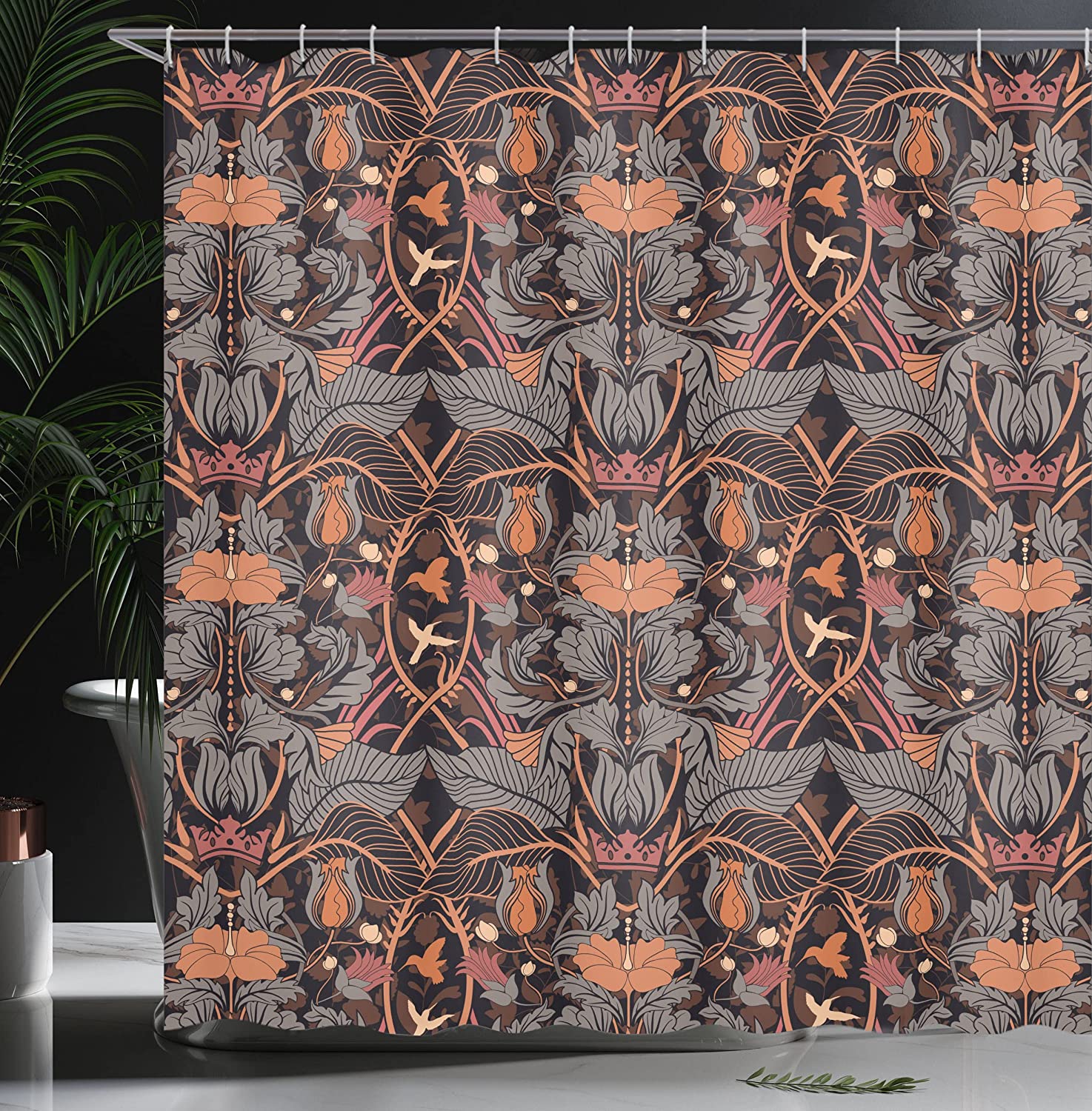 Vintage Art Nouveau Shower Curtain with Detailed Damask Flower Leaf Motifs - Vintage Bathroom Shower Curtains