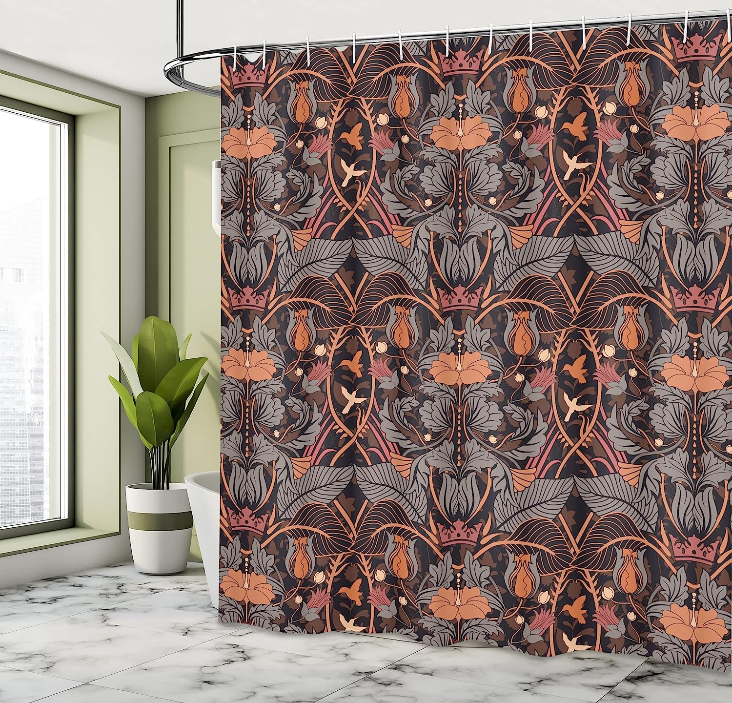 Vintage Art Nouveau Shower Curtain with Detailed Damask Flower Leaf Motifs - Vintage Bathroom Shower Curtains