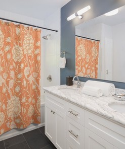 Vintage Art Nouveau Shower Curtain with Orange Floral Design