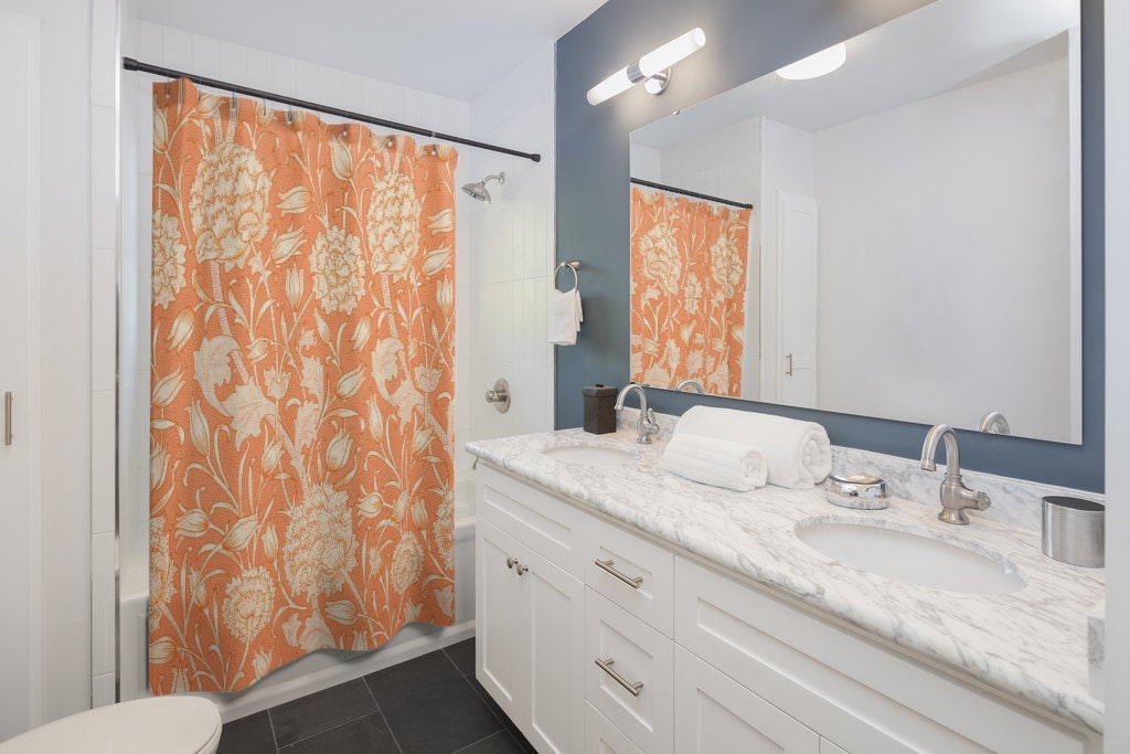 Vintage Art Nouveau Shower Curtain with Orange Floral Design