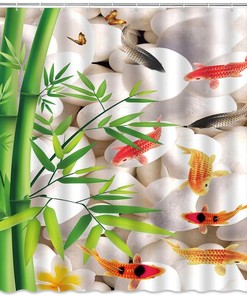 Vintage Asian Janpan Chinese Style Ink Painting Shower Curtain - Green Bamboo and Koi Fish Design